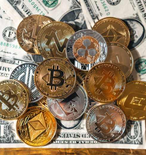Crypto coins on gold background Cryptocurrency golden bitcoin image for crypto currency
