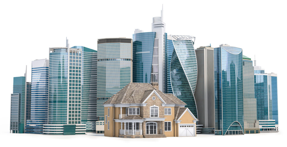 Suburban cottage in urban cityscape. Choise to live in privat bu Suburban cottage in urban cityscape. Choise to live in privat building or in flat in skyscraper. Real estate concept. 3d illustration