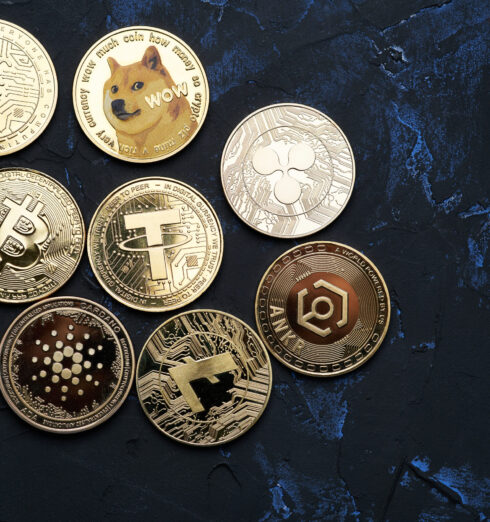 Varied cryptocurrencies Background of various cryptocurrencies on textured background and view from above