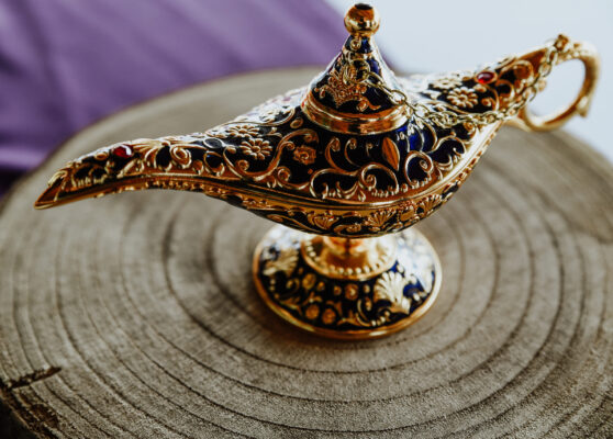 A closeup shot of an Alladin lamp