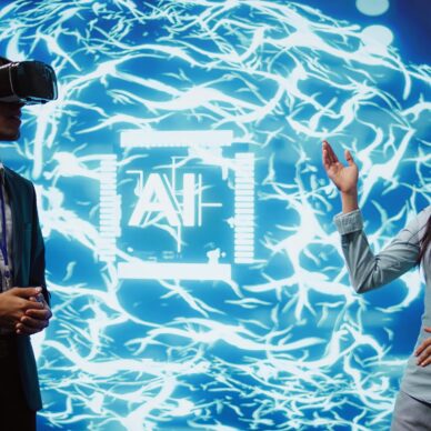 Tech experts presenting VR headset and AI tech during summit presentation, exploring successful implementation of artificial intelligence and virtual reality in driving forward businesses, camera B