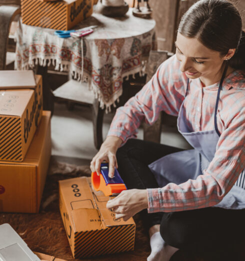 woman-packing-products-order-box-send-to-customer-2025-03-05-23-36-58-utc woman packing products order box send to customer freelance work for own business at home vintage tone