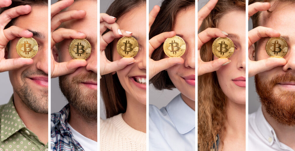 Young people with bitcoin coins Collage of modern young men and women in casual outfits covering eyes with bitcoin coins while representing finance and investment concept