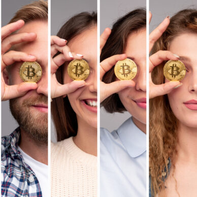 Collage of modern young men and women in casual outfits covering eyes with bitcoin coins while representing finance and investment concept