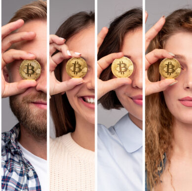 Collage of modern young men and women in casual outfits covering eyes with bitcoin coins while representing finance and investment concept